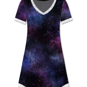 NWT Jenize | Purple & Blue Galaxy Lace-Trim Short-Sleeve V-Neck Sleep Dress - 2X